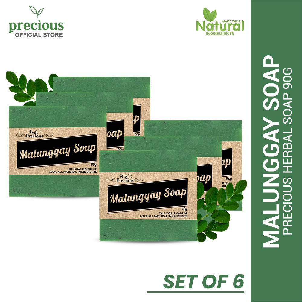 Precious Herbal Solutions 100% Organic Moringa/Malunggay Soap for Anti-aging, Firming Wrinkle and Blemishes Prevention - Set of 6 (6x90grams)