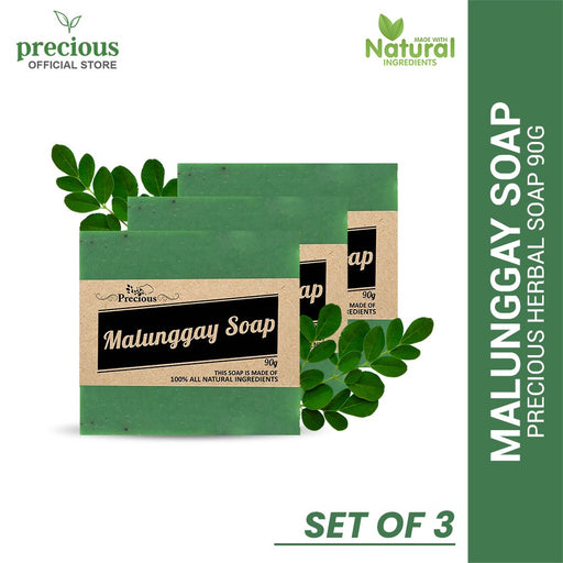 Precious Herbal Solutions 100% Organic Moringa/Malunggay Soap for Anti-aging, Firming Wrinkle and Blemishes Prevention - Set of 3 (3x90grams)